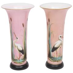 Antique Pair 19th Century French Opaline Hand Painted Glass Vases, Attributed Baccarat