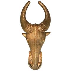 Wall Sculpture, Gold, Huge, Animal Head, Woodcarving from Cameroon, Good Luck