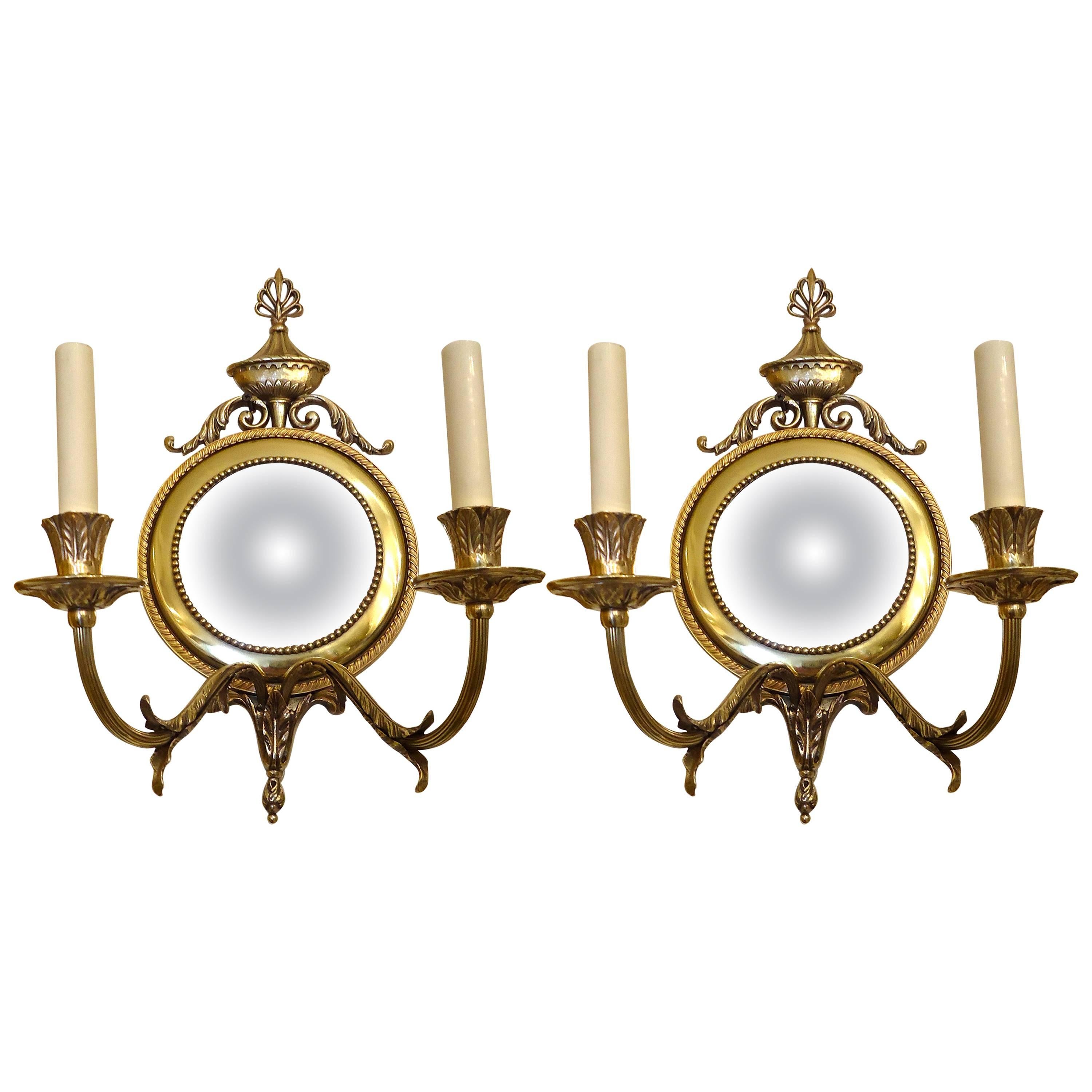 Pair of English Bronze Two-Arm Sconces with Convex Mirrors