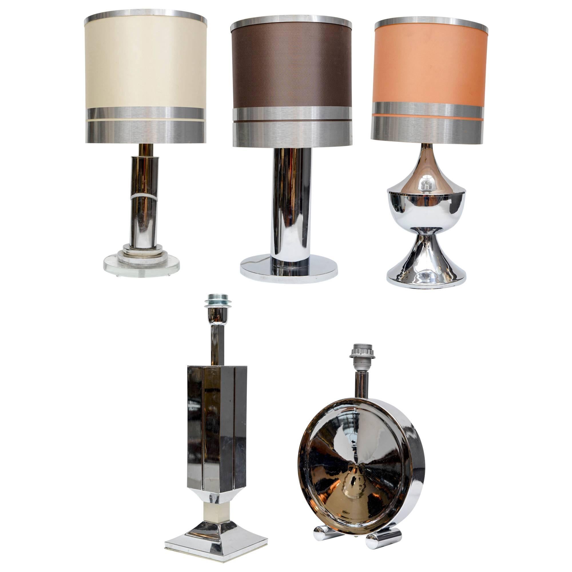 Eclectic Set of Five Different Stainless Steel Lamps with Original Shades For Sale