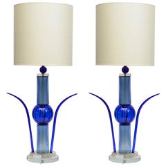 Very Original Pair of Blue Murano Glass Lamps