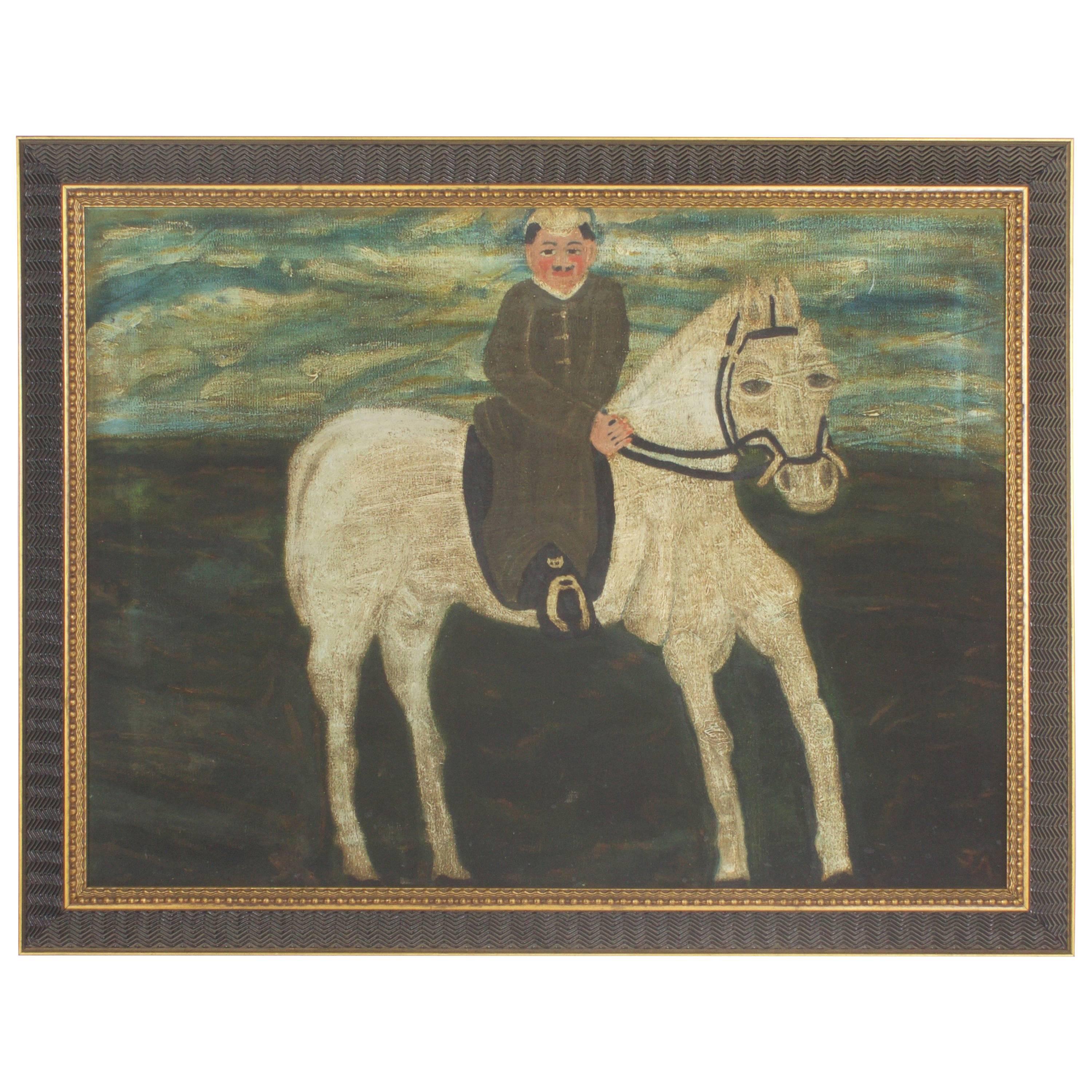 Folky Continental Oil Painting on Canvas of a White Horse and Rider