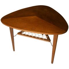 Danish Triangular Three Legged Teak Side Table with Lower Shelf C.1950's