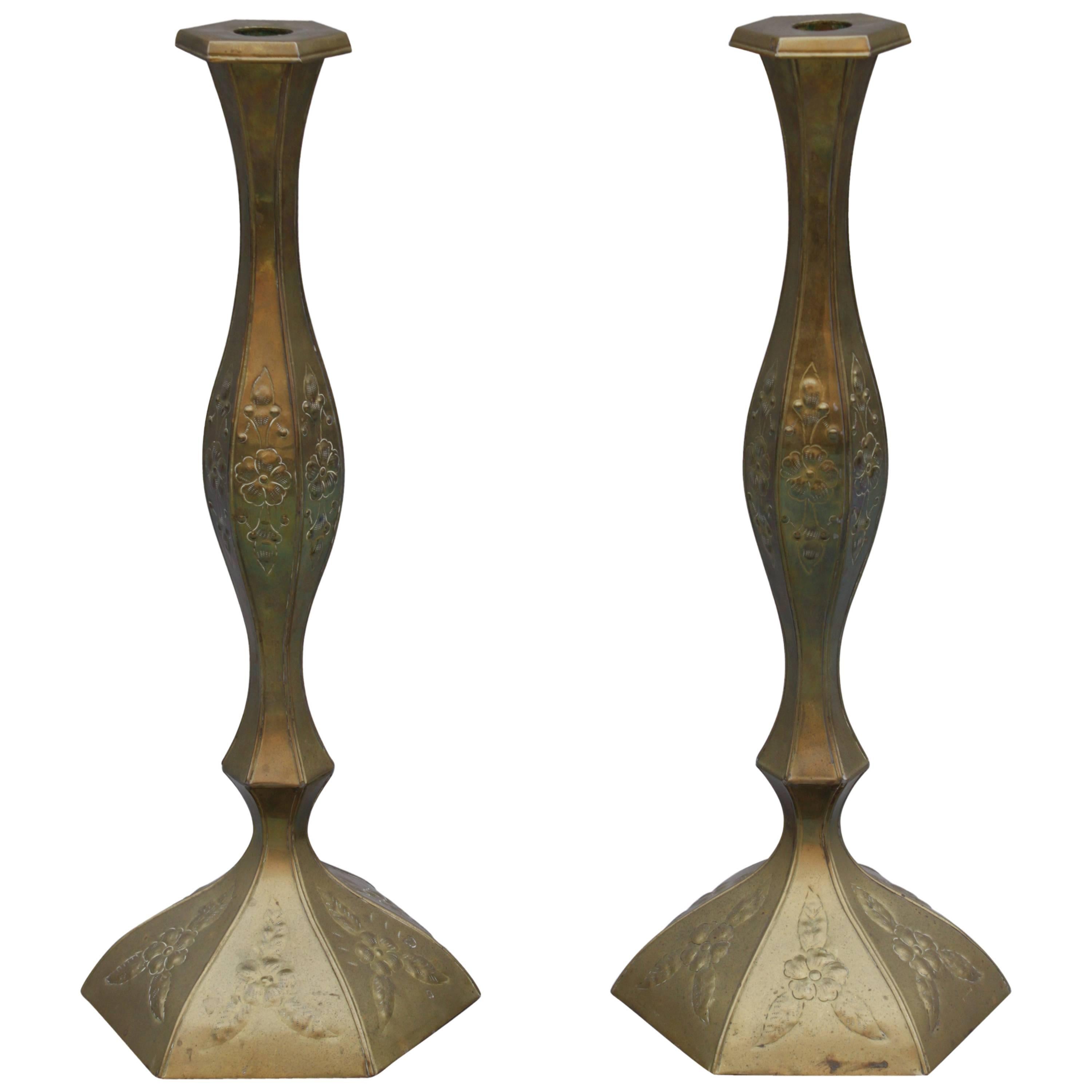 Large Pair of Antique Brass Candlesticks