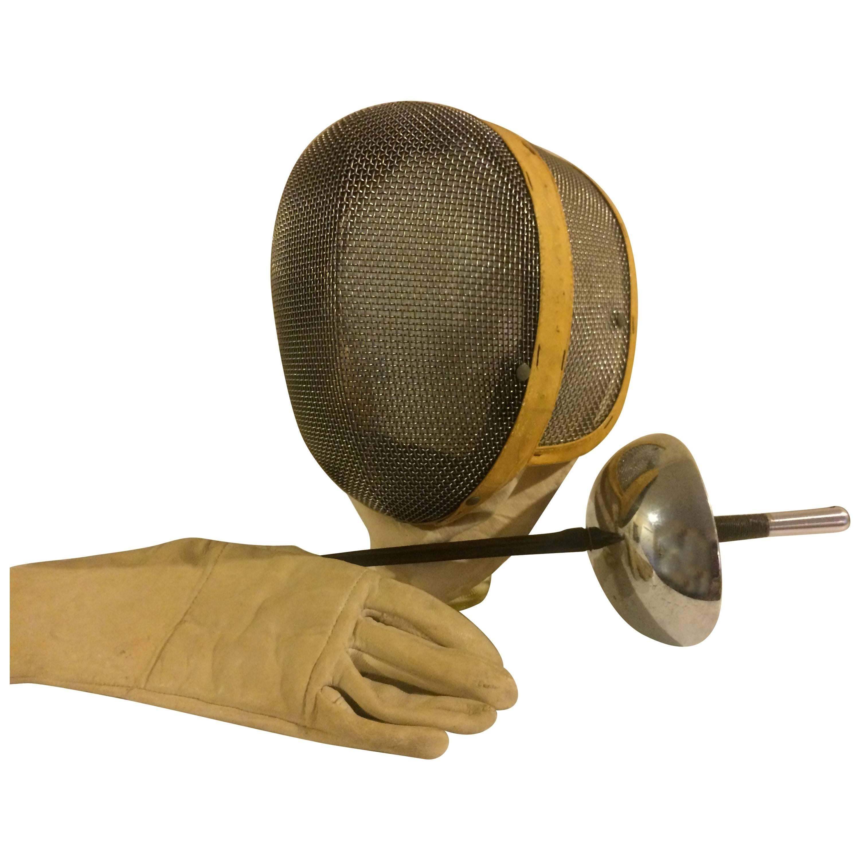 Vintage Castello Fencing Mask, Leather Glove and Foil