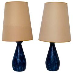 Mid-Century Modern Cobalt Blue Drip Glaze Table Lamps