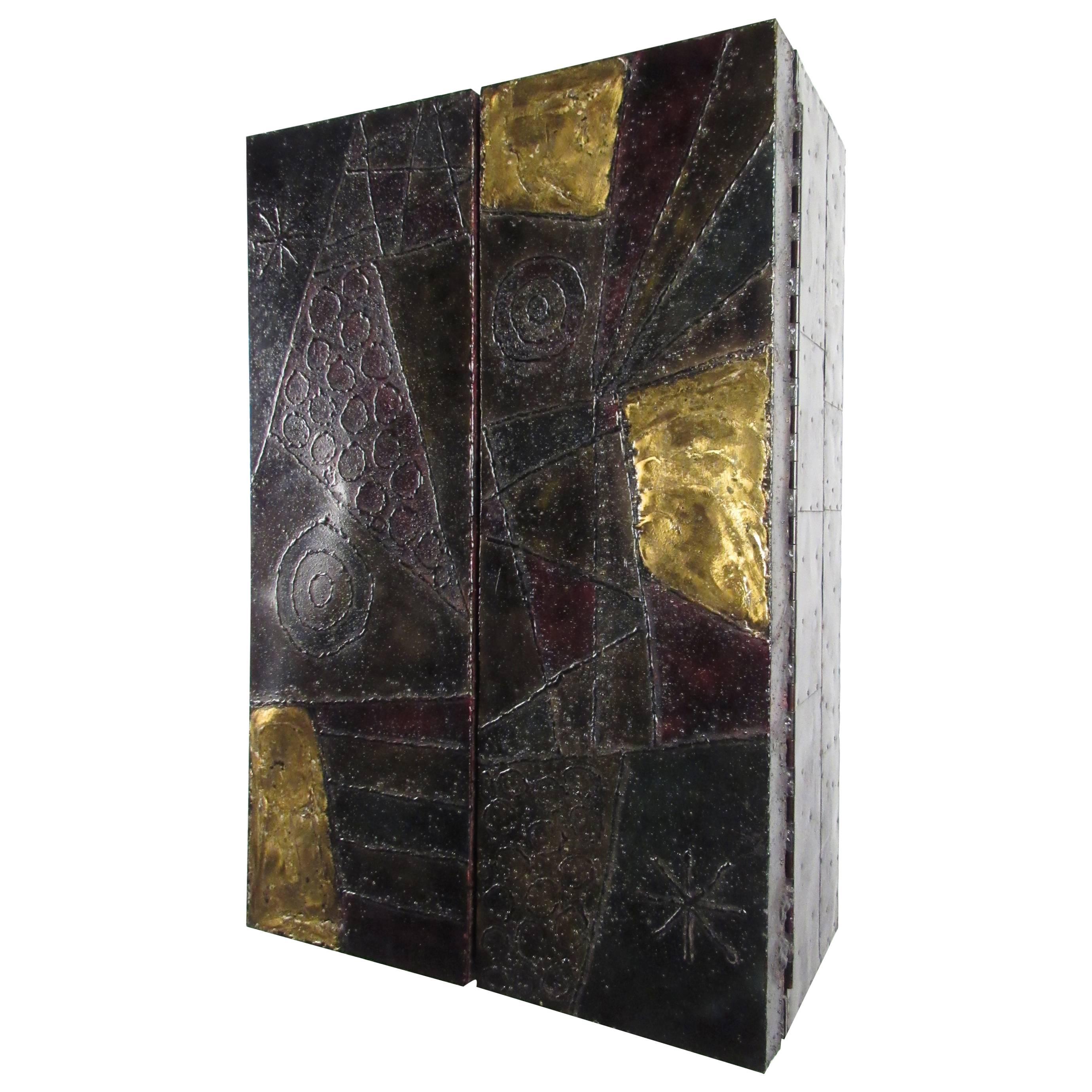 Unique Mid-Century Sculptural Metal Wall Cabinet by Paul Evans