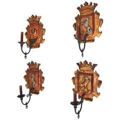 Set of Four Large 1940 Wood/Metal Sconces from Spain, Castle Style