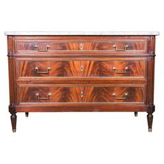 French Louis XVI Crotch Mahogany Commode with Marble Top