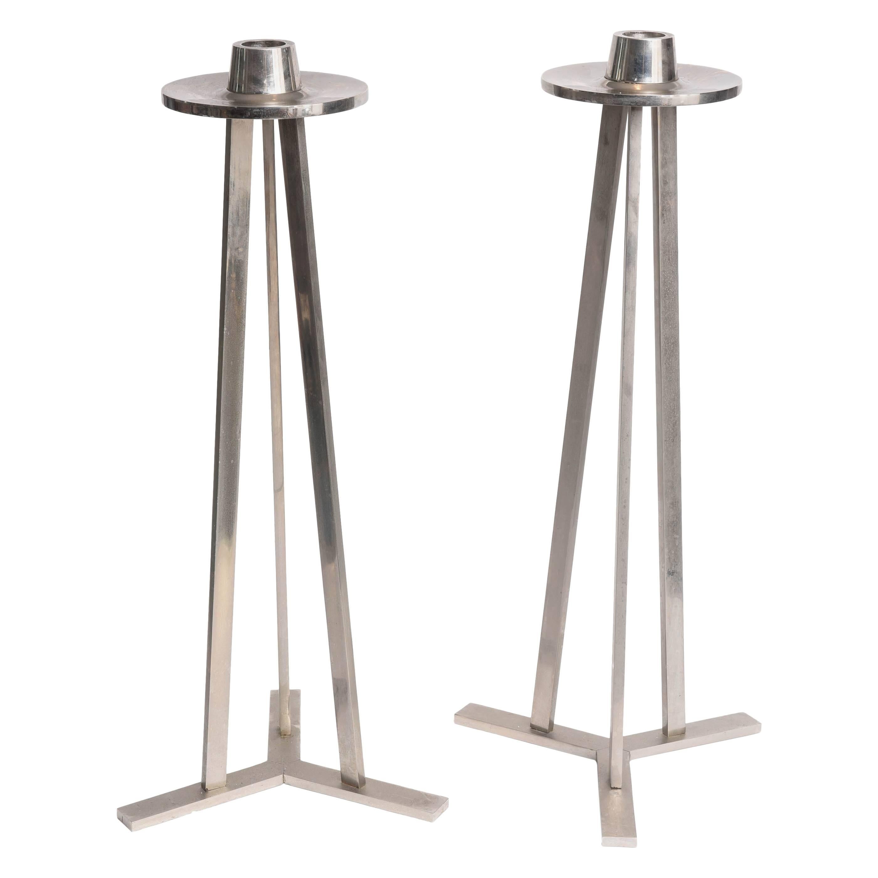Pair of Large 1970s Chrome Tripod Candle Torcheres For Sale