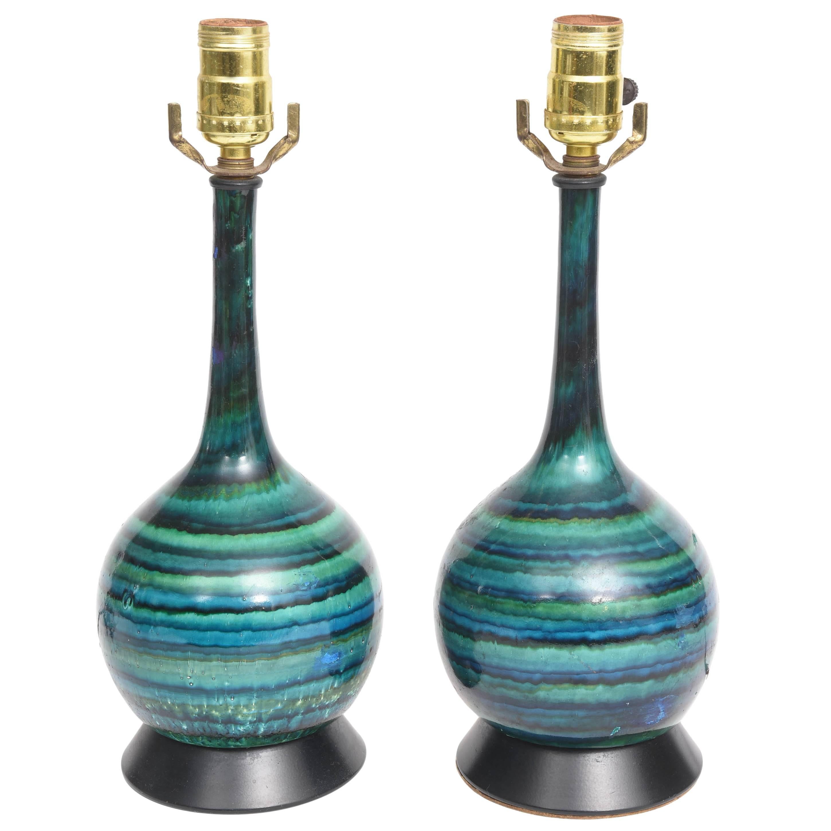 Pair of Italian Striped Glazed Ceramic Lamps, 1960s
