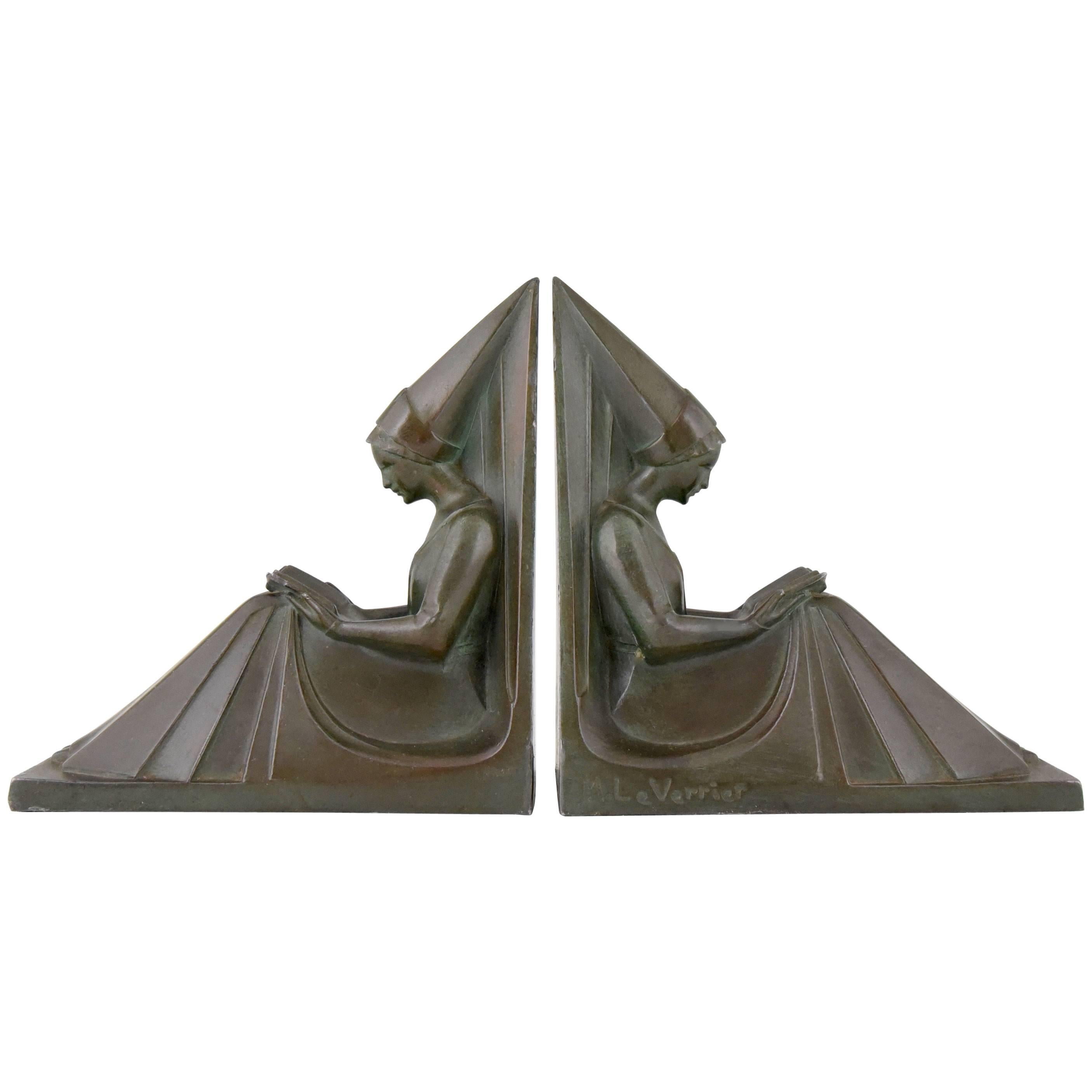 French Art Deco Bookends Reading Ladies by Max Le Verrier, 1930