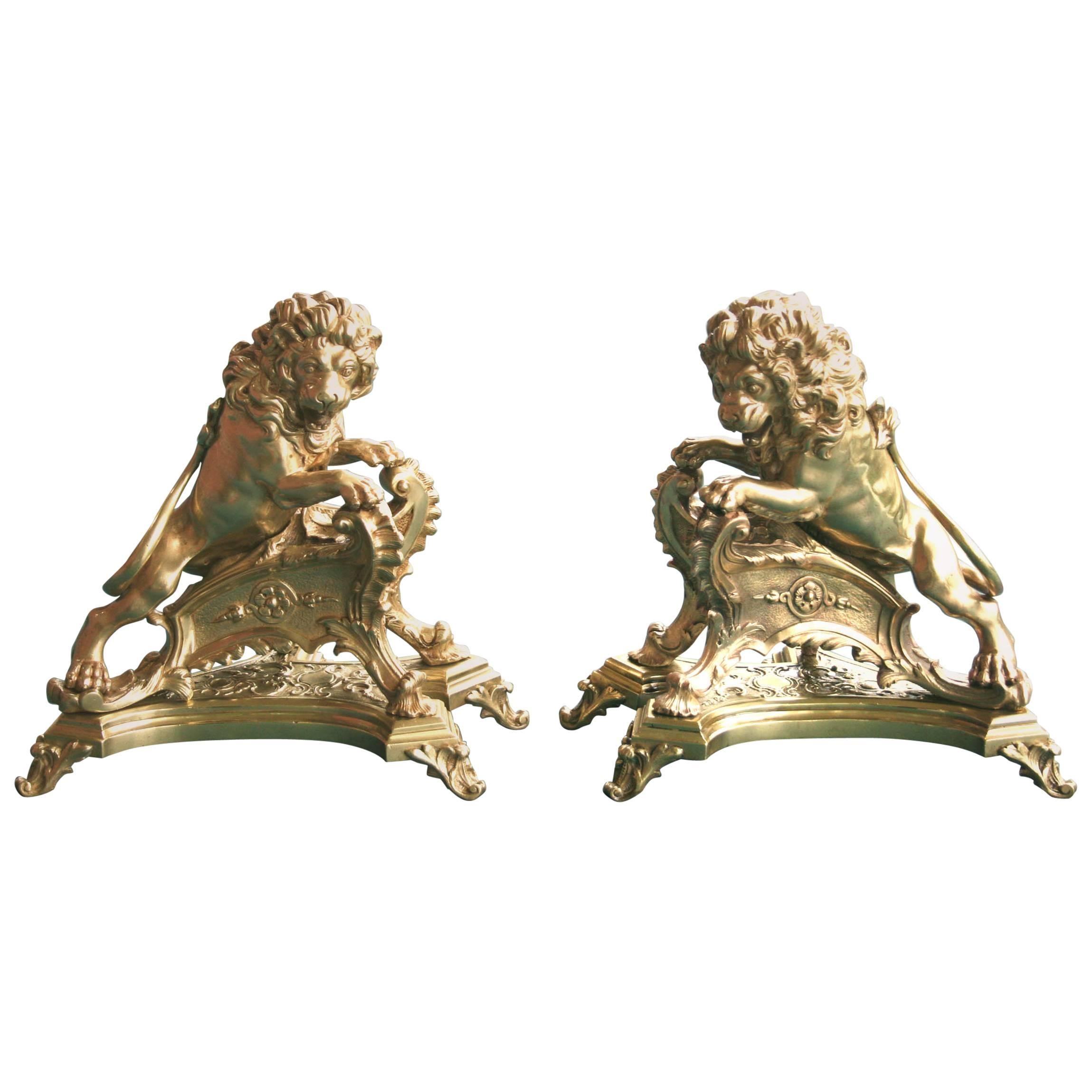 Exceptional Pair of 19th Century French Lion-Form Gilt Bronze Chenet For Sale