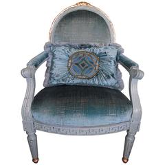 French Style Chair Covered in Exclusive Blue Velvet, with Gold Leaf Detailing
