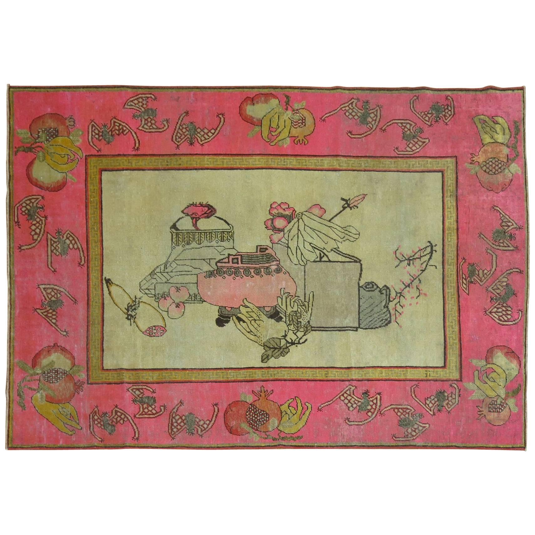 Antique Pictorial Khotan Rug with Bright Pink Border