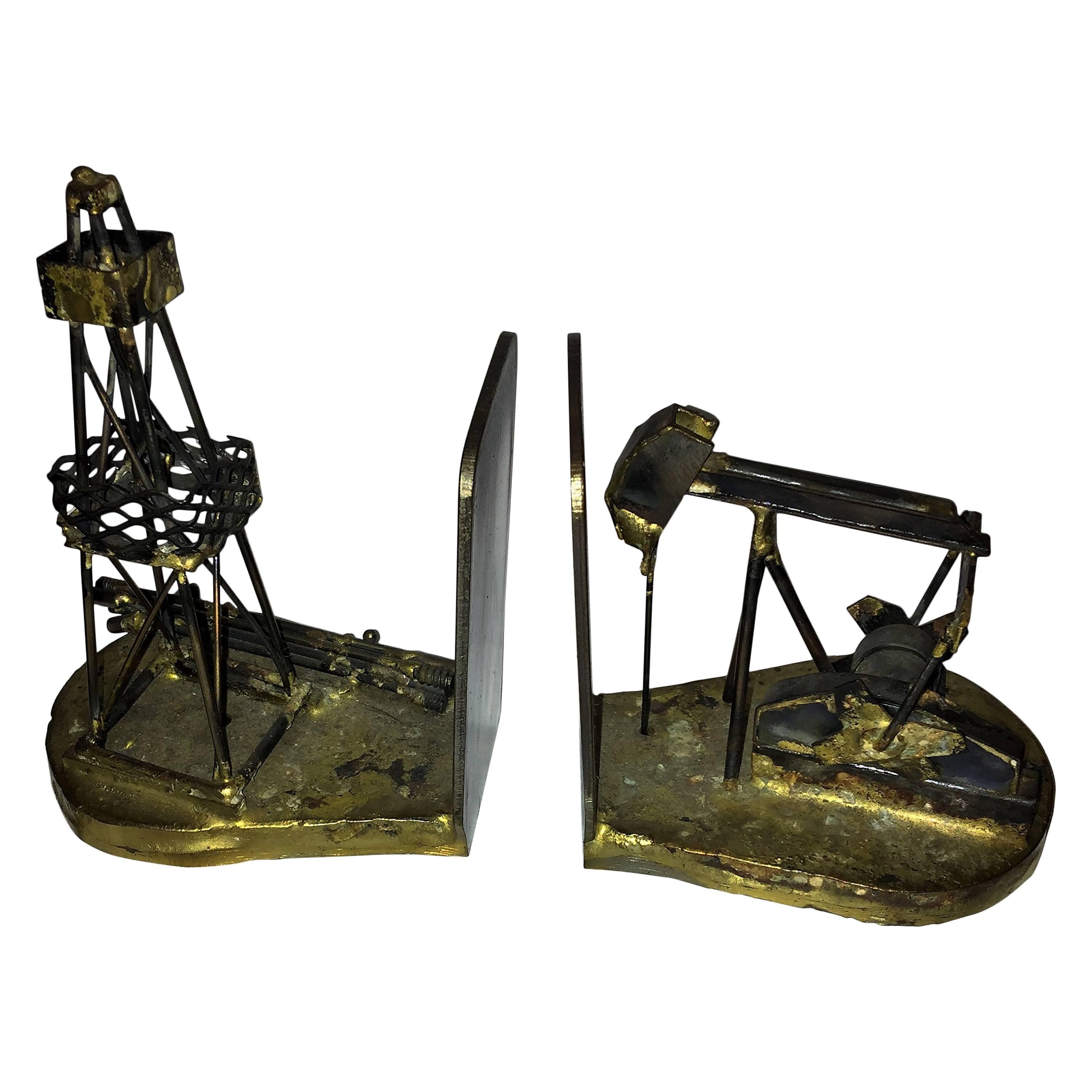 Pair of Brutalist Oil Drill and Oil Well Mixed Metal Bookends