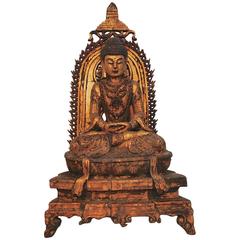 Beautiful 19th Century Hand-Carved Sino Tibetan Lacquered Wood Buddha