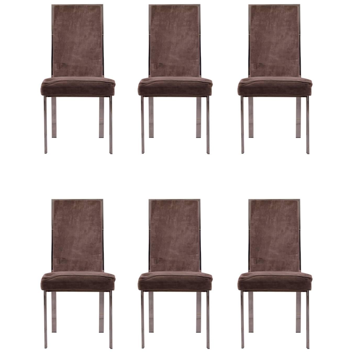 Ensemble de six chaises de salle à manger à haut dossier avec cadre chromé attribuées à Milo Baughman en vente