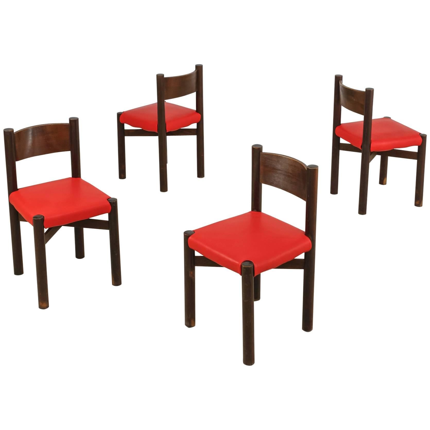 Charlotte Perriand Set of Four Courchevel Chairs with Red Leather, France, 1960s For Sale