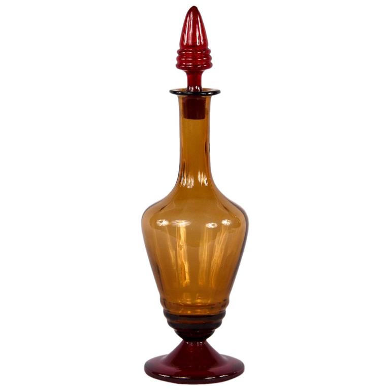 French Red and Amber Glass Decanter, 1940s For Sale at 1stdibs