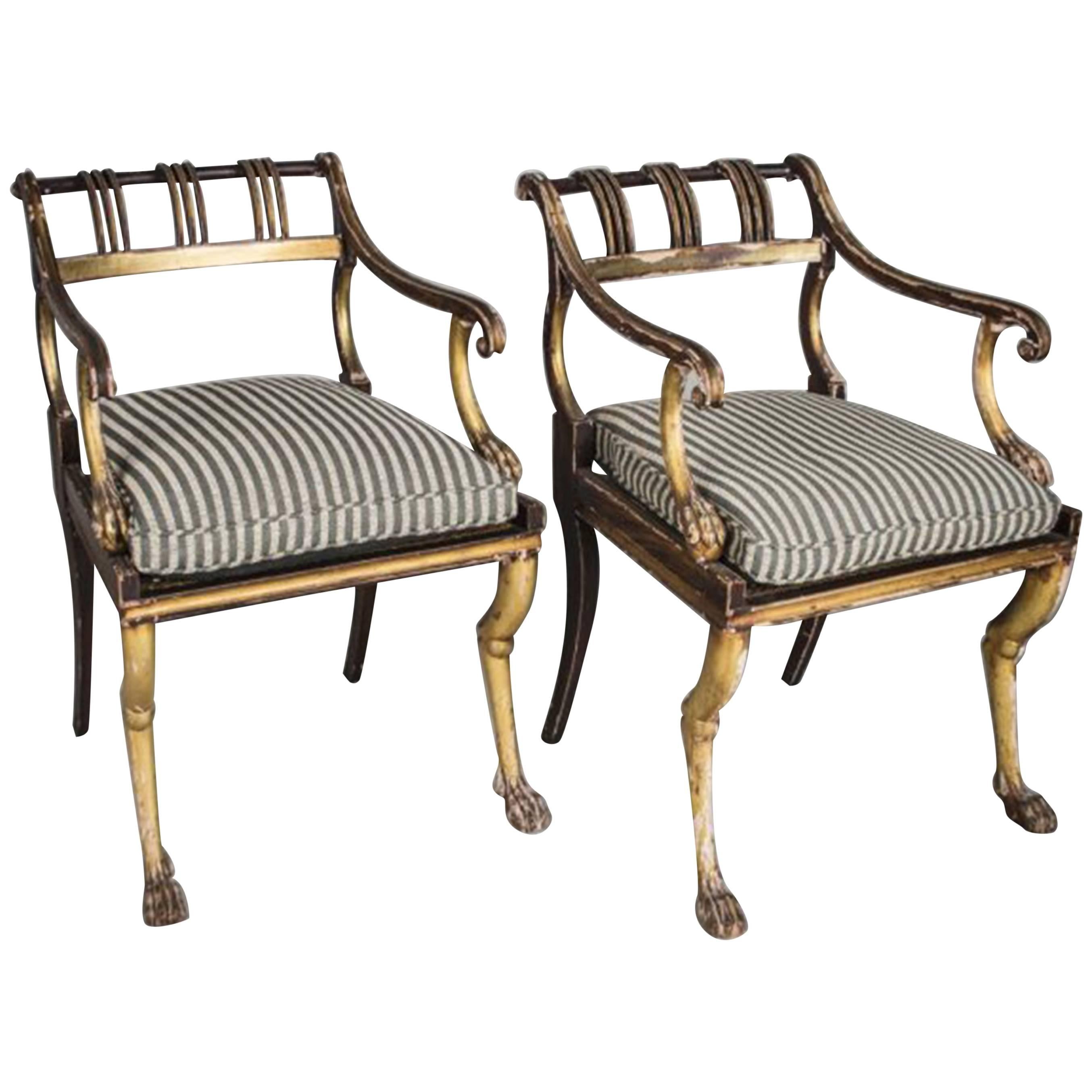 Pair of Regency Style Gilded and Painted Armchairs For Sale