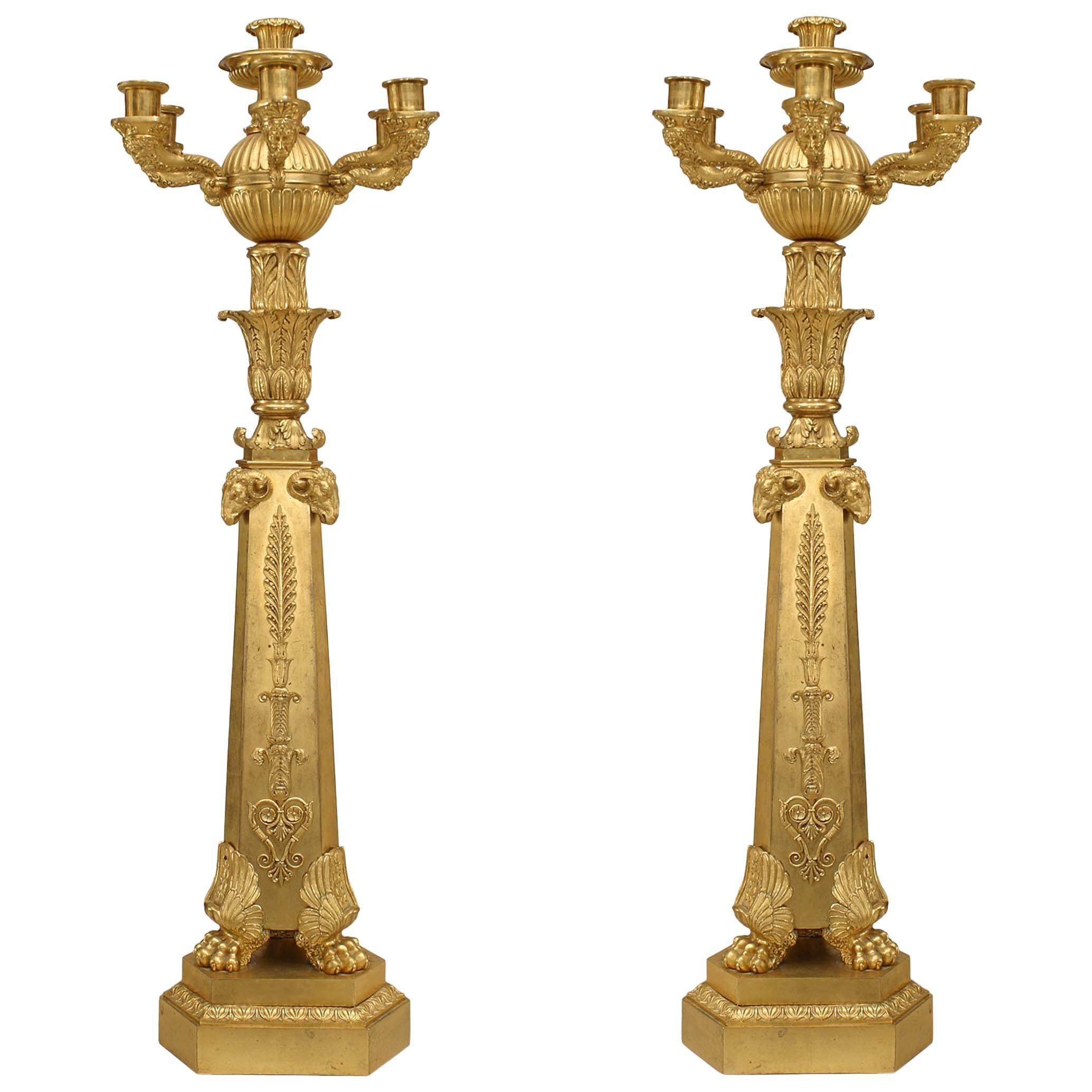 Pair of French Empire Bronze Dore Ram Head Candelabras For Sale