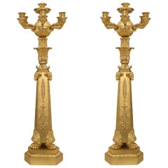 Pair of French Empire Bronze Dore Ram Head Candelabras