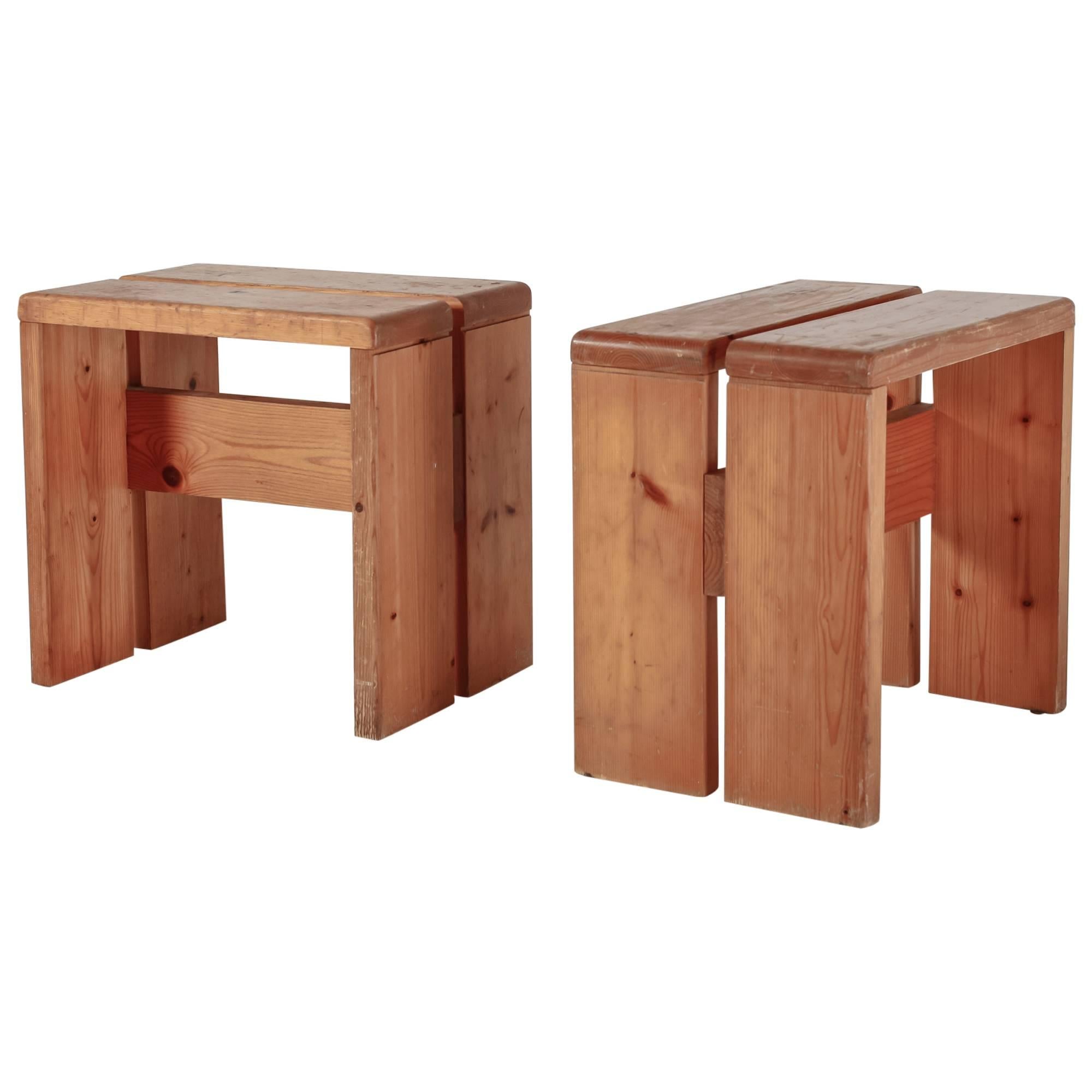 Charlotte Perriand Pair of Rectangular Pine Stools, France, 1960s For Sale