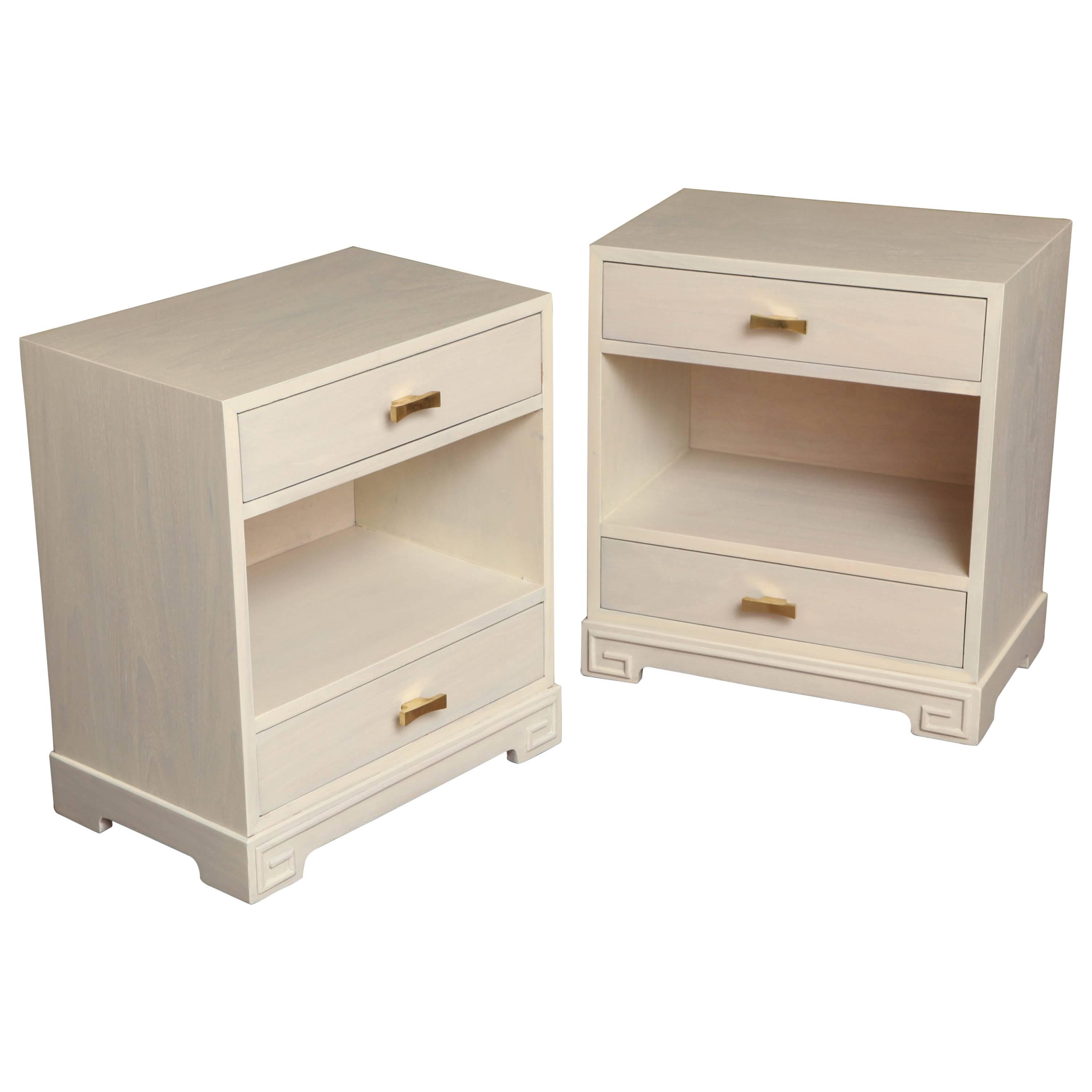 Pair of White Washed Bedside Tables with Brass Hardware, circa 1960