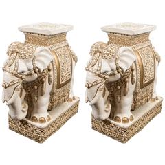 Pair of Off White and Gold Glazed Ceramic Elephant Garden Stools
