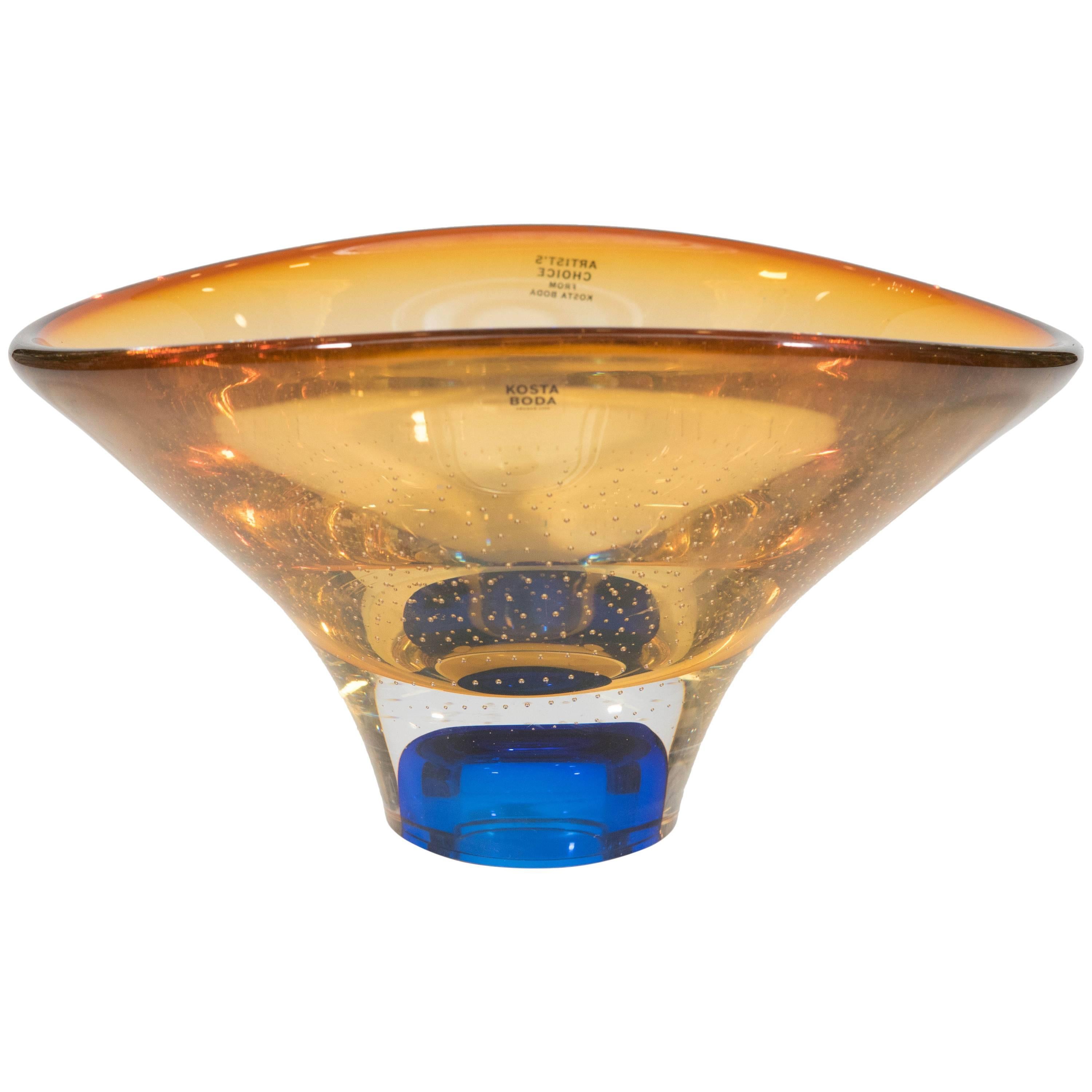 Swedish Amber and Cobalt Vision Glass Bowl by Göran Wärff for Kosta Boda