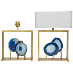 Precious Pair of Blue Agates and Brass Lamps