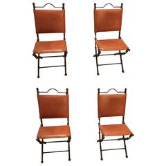 Set of Four Leather Campaign Style Dining Chairs