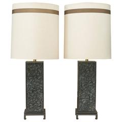 Pair Of Ebonized Oak Table Lamps in the style of James Mont 7