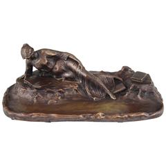 Antique Art Nouveau Bronze Inkwell with Reading Lady by Jochems, 1895