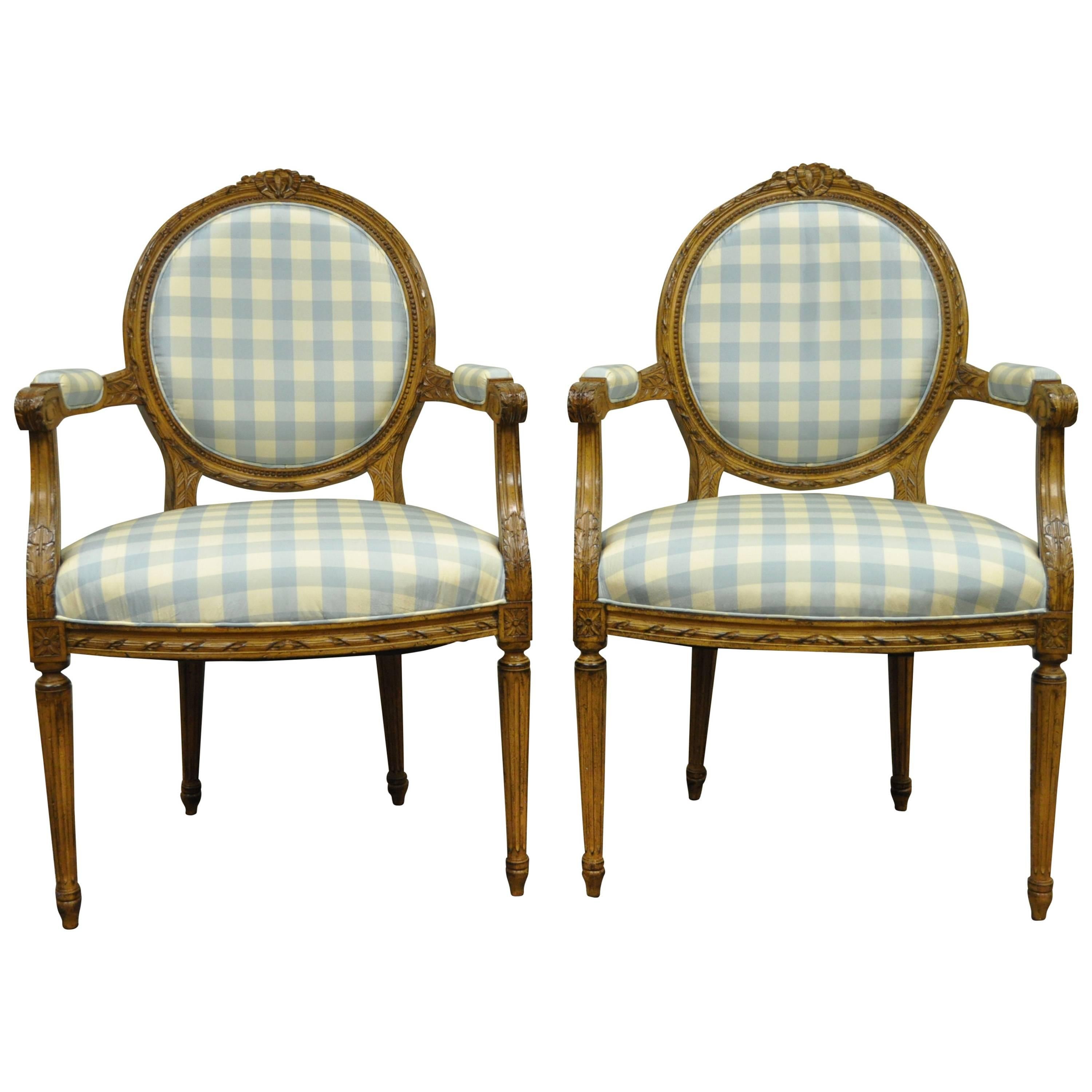 Elegant Pair of French Louis XVI Style Finely Carved Armchairs or Fauteuils