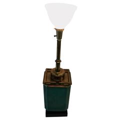 Grand Monumental Brass and Teal Ceramic Moderne Lamp 