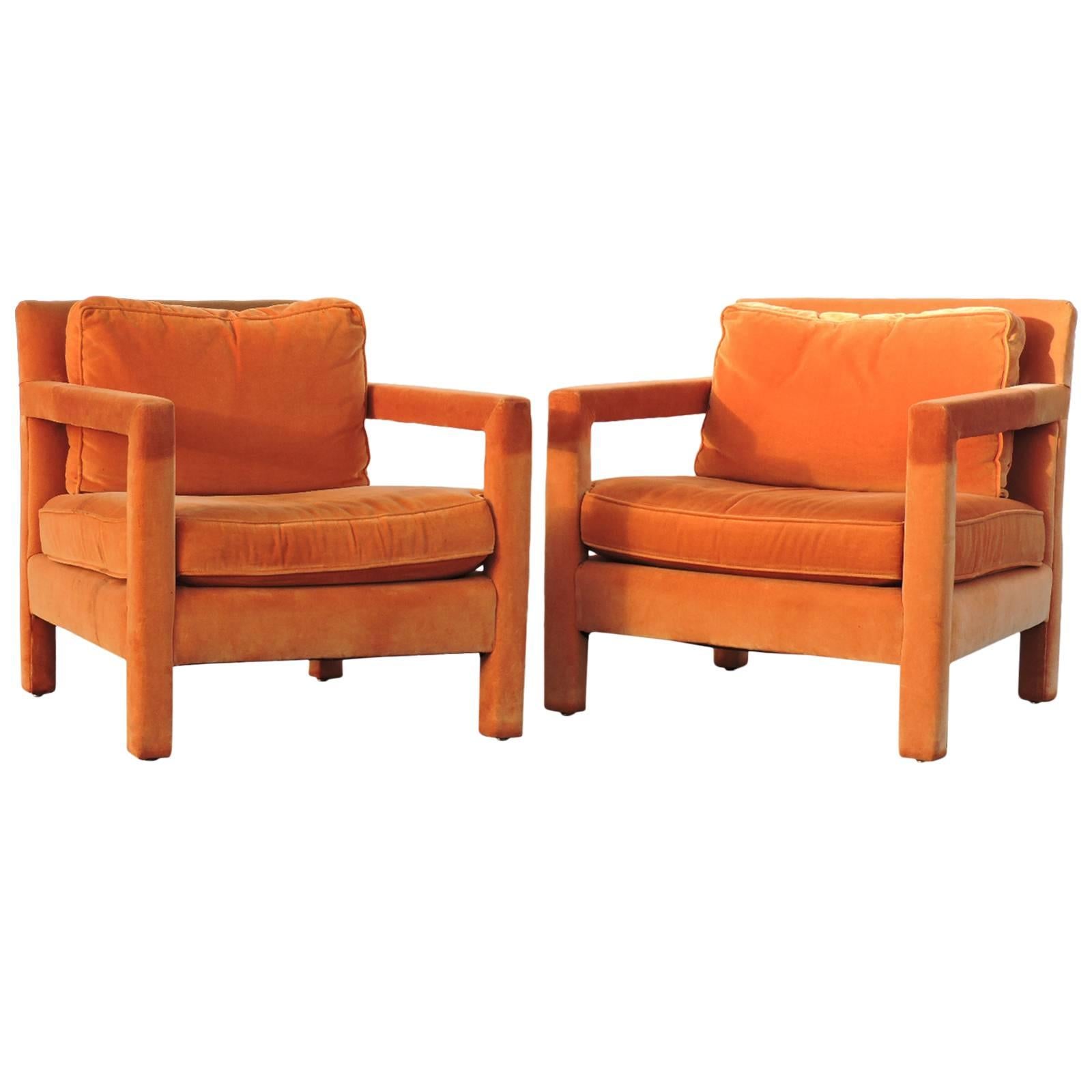 Orange Upholstered Parsons Lounge Chairs in the style of Milo Baughman 