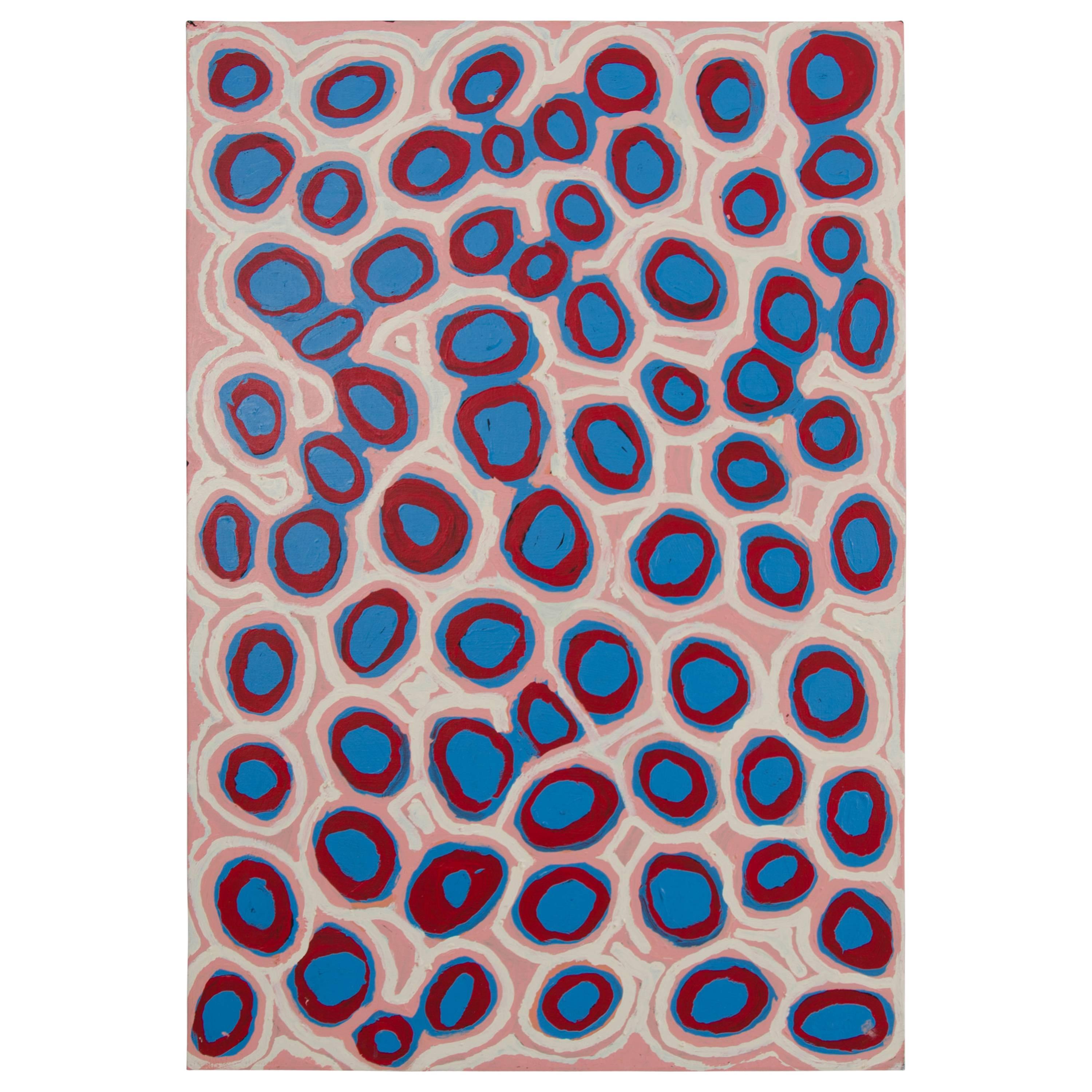 Australian Aboriginal Painting with Pink, Red and Blue by Alice Nampitjinpa For Sale