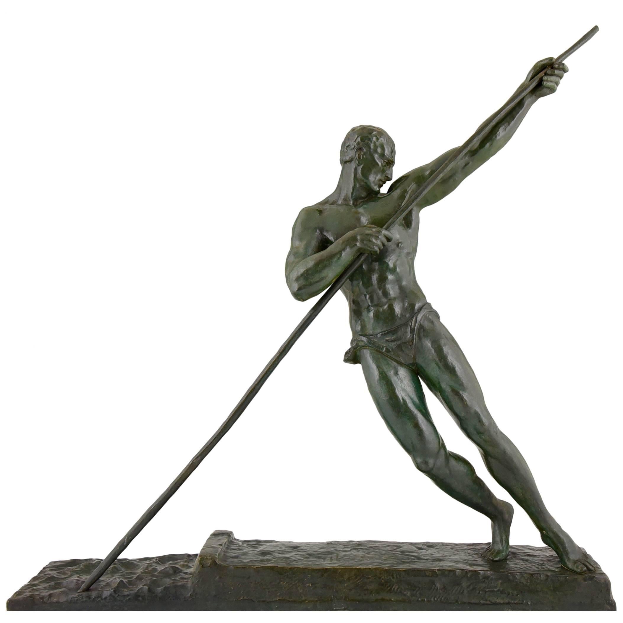 Pierre Le Faguays Art Deco bronze sculpture of an athlete with pole, 1925
