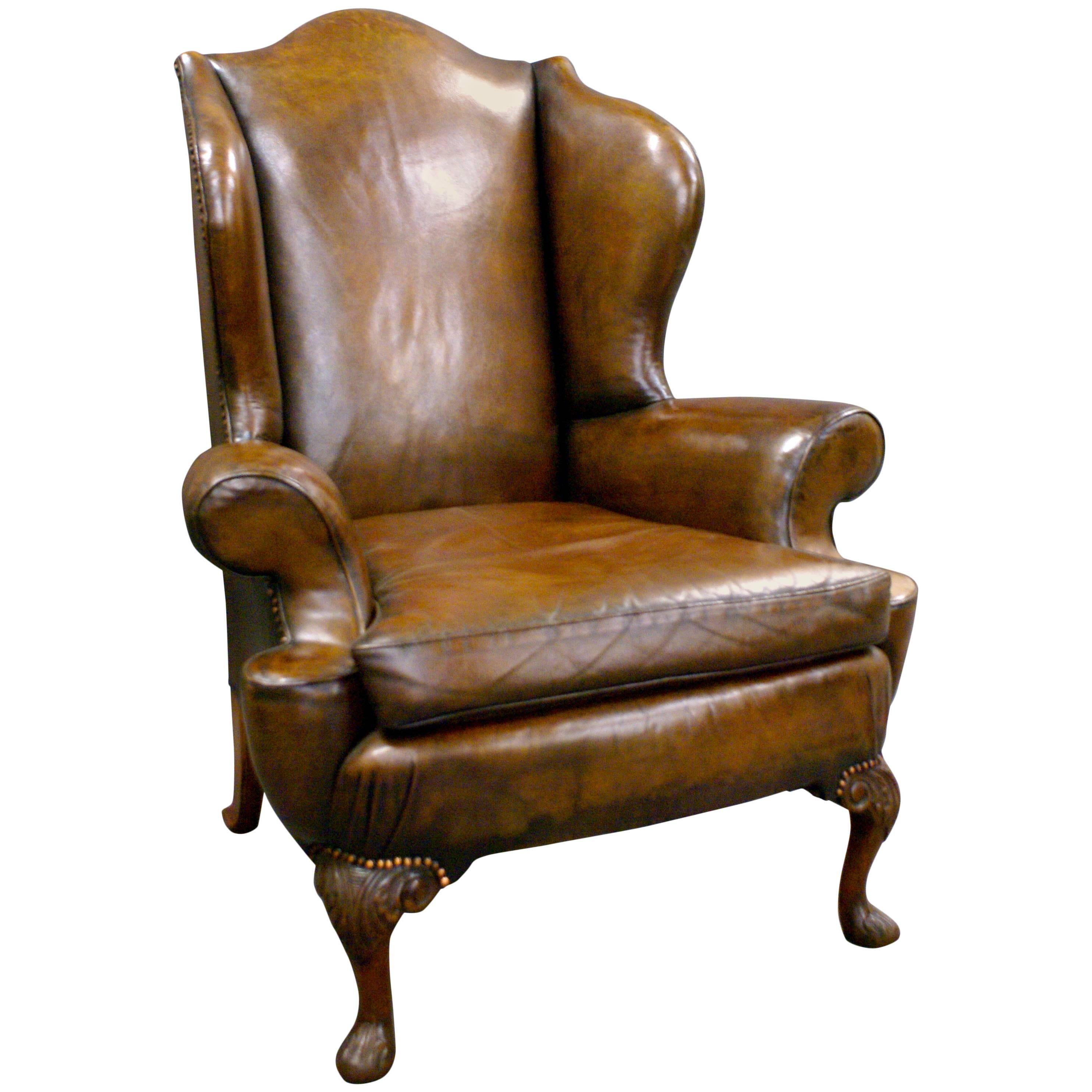 Georgian Revival Leather Upholstered Wingback Chair