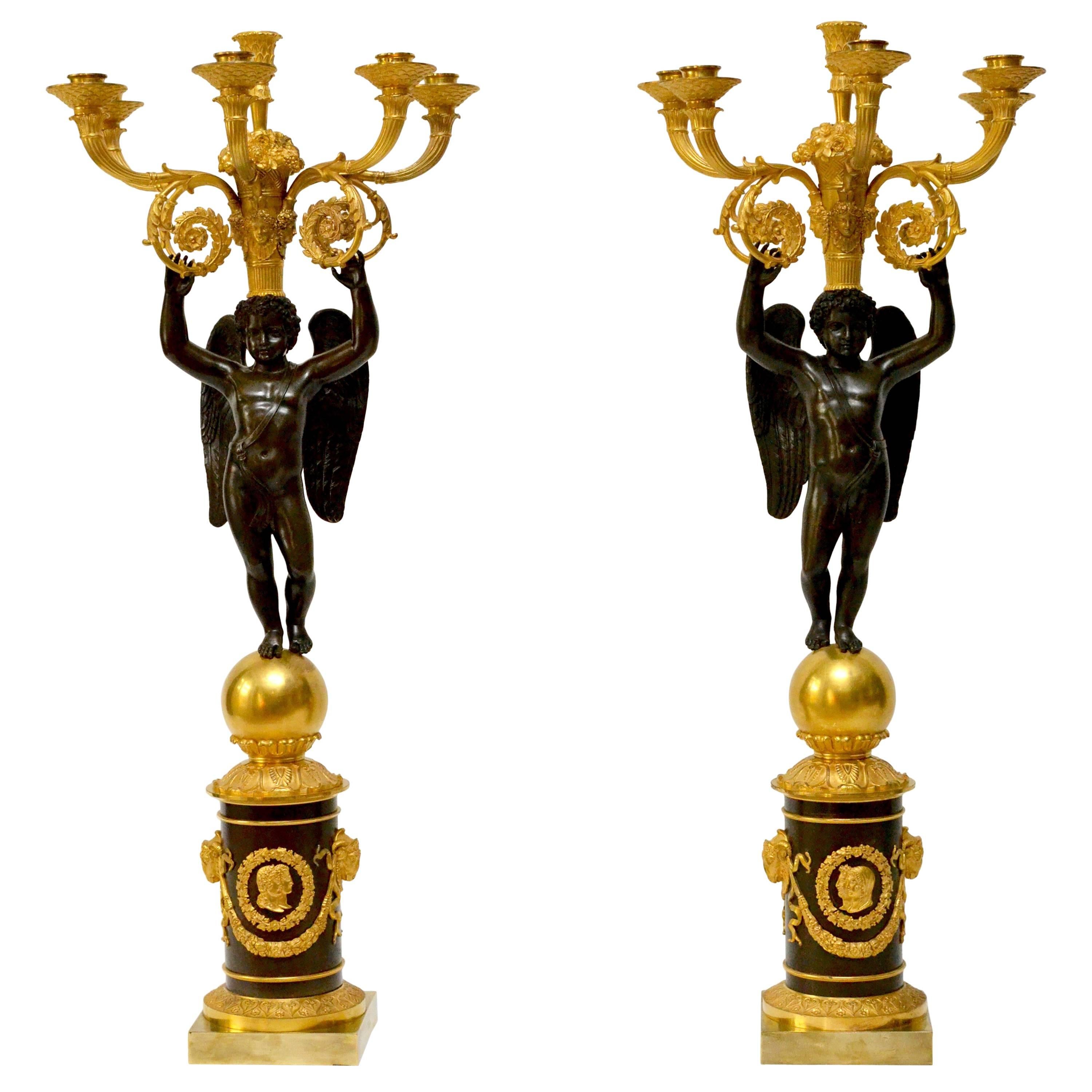 Pair of Empire Gilt and Patinated Bronze Candelabra by Pierre Chiboust, Paris