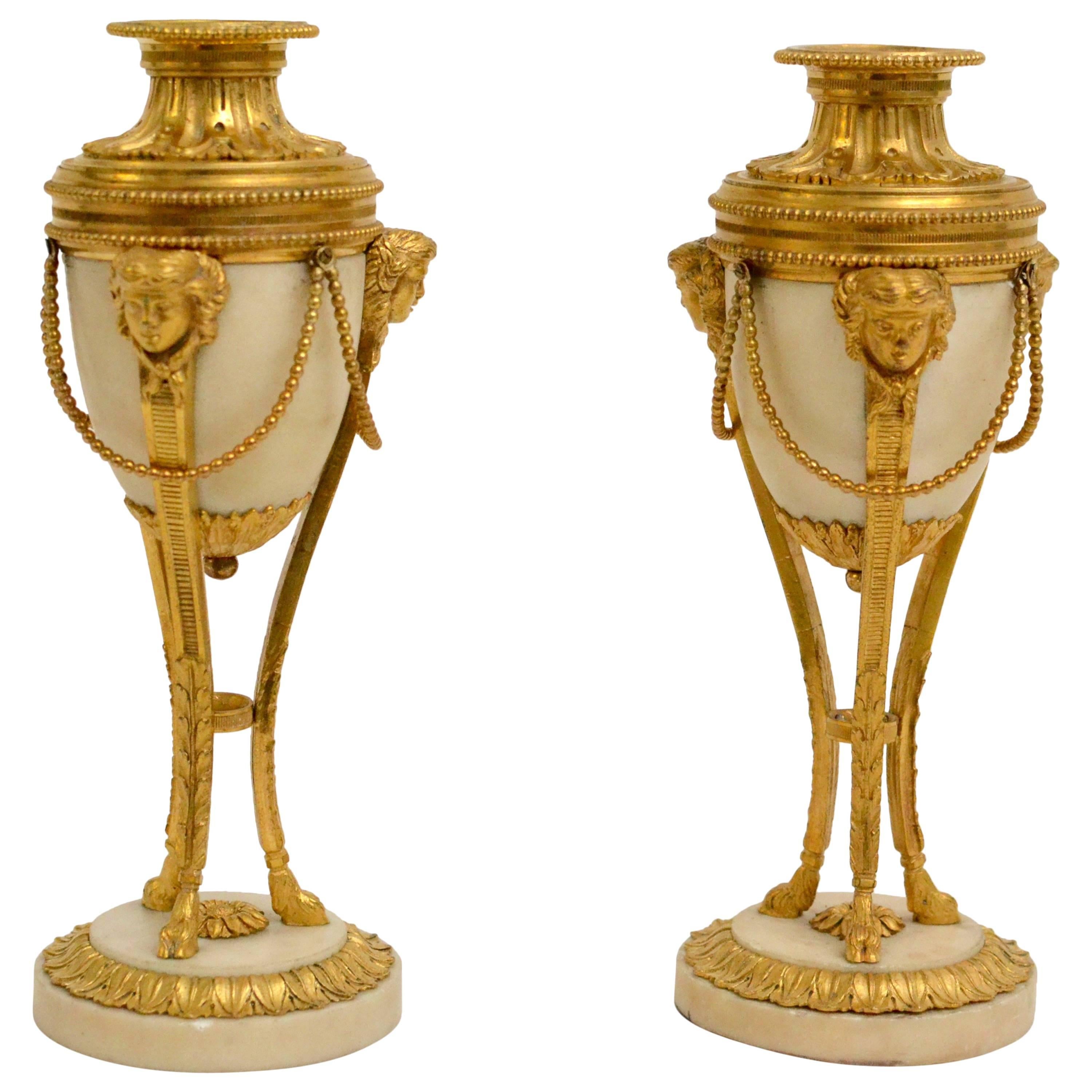 Pair of Gilt Bronze and White Marble Louis XVI Cassolettes