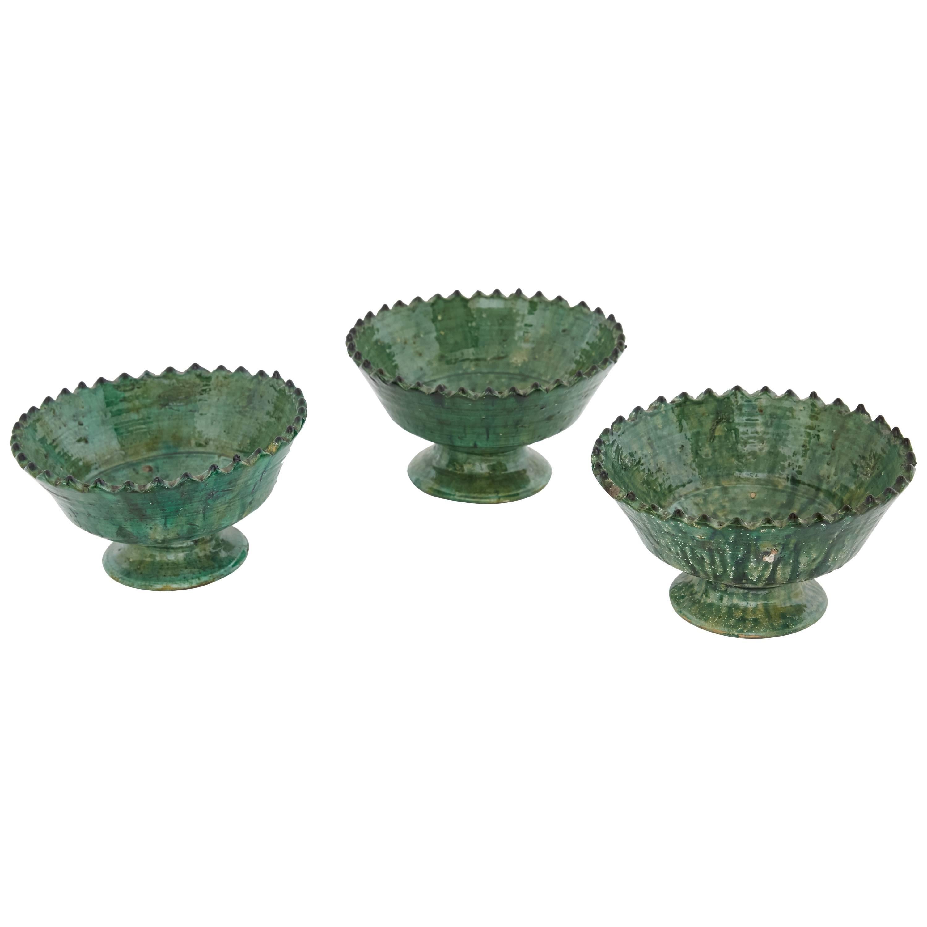 Handcrafted Ivy Green Bowls from Morocco, Set of Three