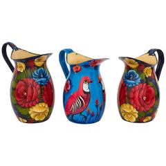 Eastern European Set of Hand-Painted Light Aluminium Jugs