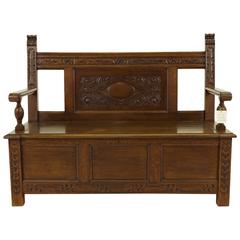 Antique Early 20th Century Carved Oak Scottish Hall Bench or Settle with Lift-Top Seat