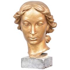 Ivar Johnson Sculpture Gilt Bronze, Girl's Head, 1920, Sweden