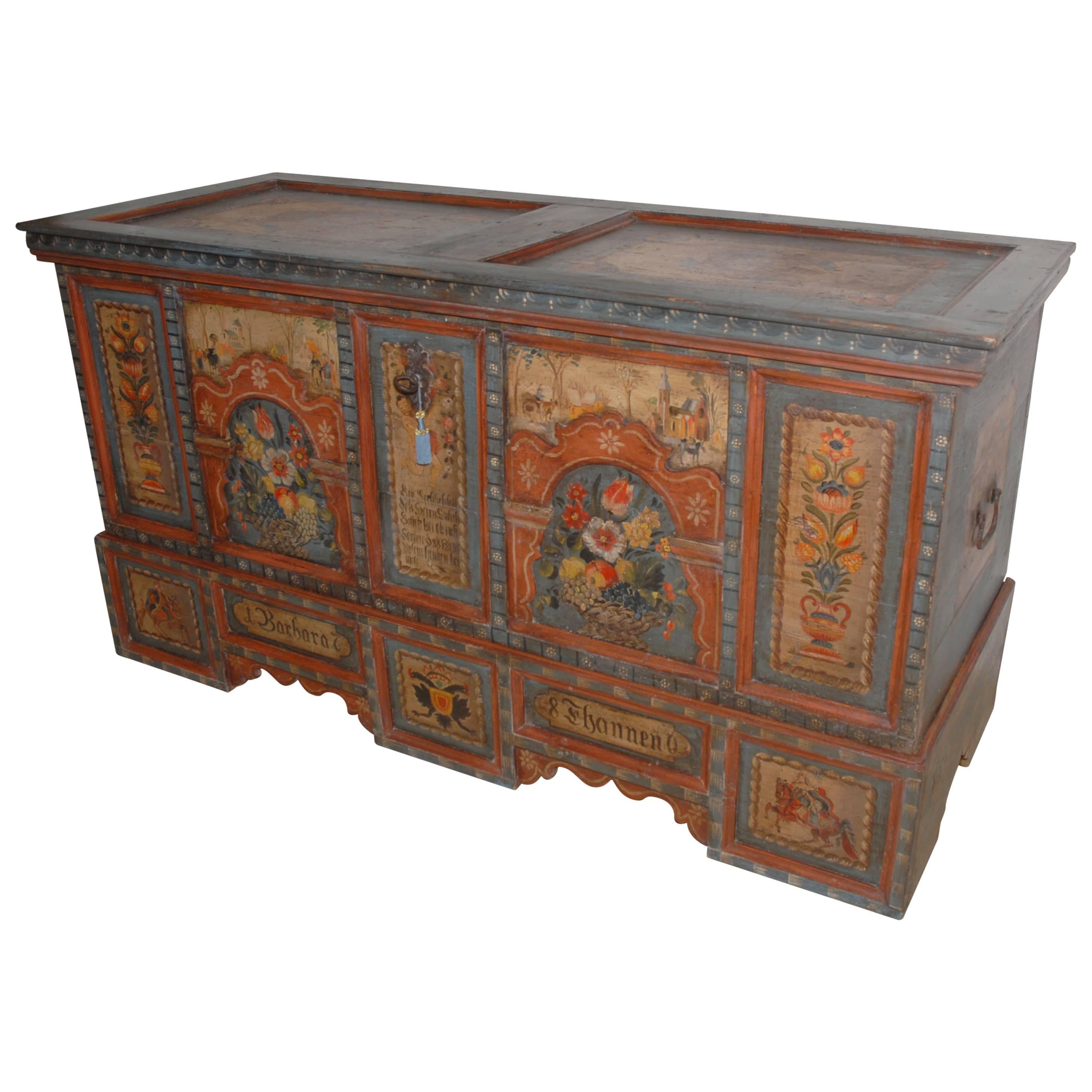 18th Century Painted Marriage Chest For Sale