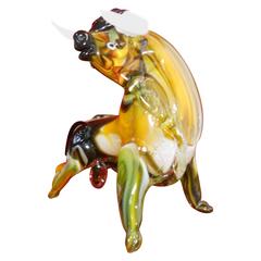 Retro Murano Glass Bull Figurine, Motled Coloring with White Horns