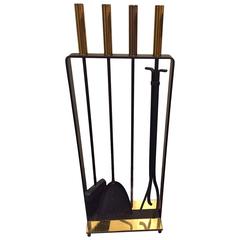 Modernist Wrought Iron and Brass Fireplace Tool Set